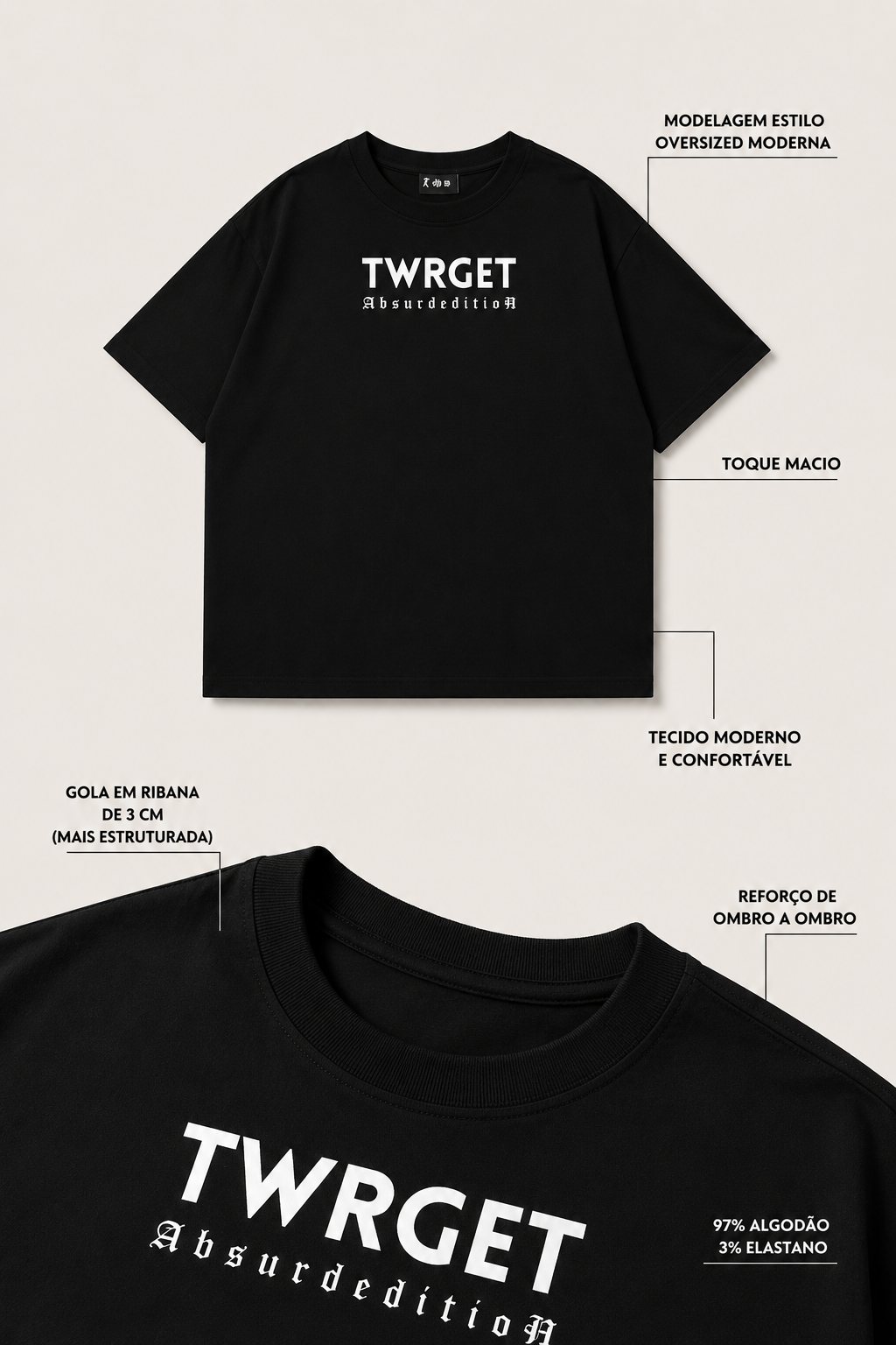 Camiseta TWRGET preta com logo minimal